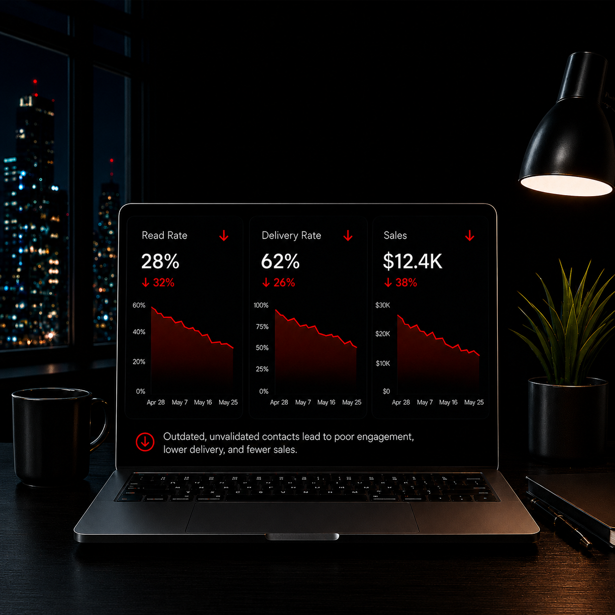 Laptop dashboard showing WhatsApp performance risk and unreachable contacts