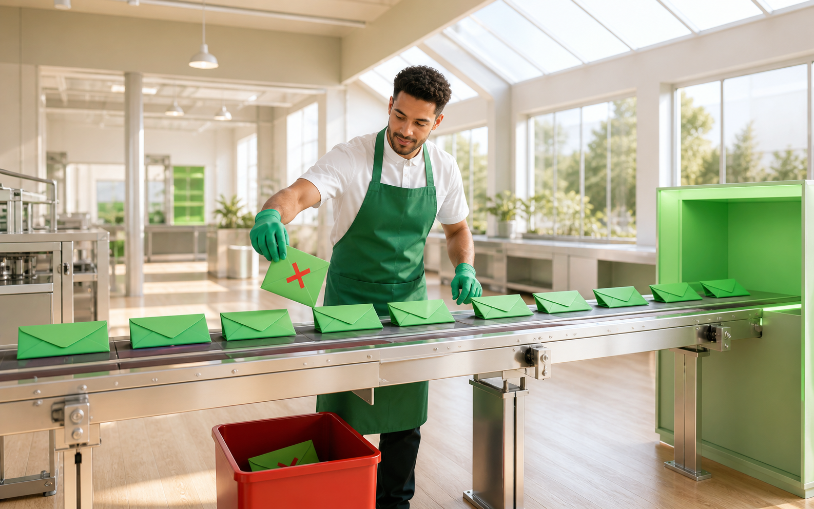 A worker in a green apron stands at a conveyor belt of green envelopes, plucking a red-X marked envelope off the line and dropping it into a red bin, while the good envelopes continue toward a green outbox.