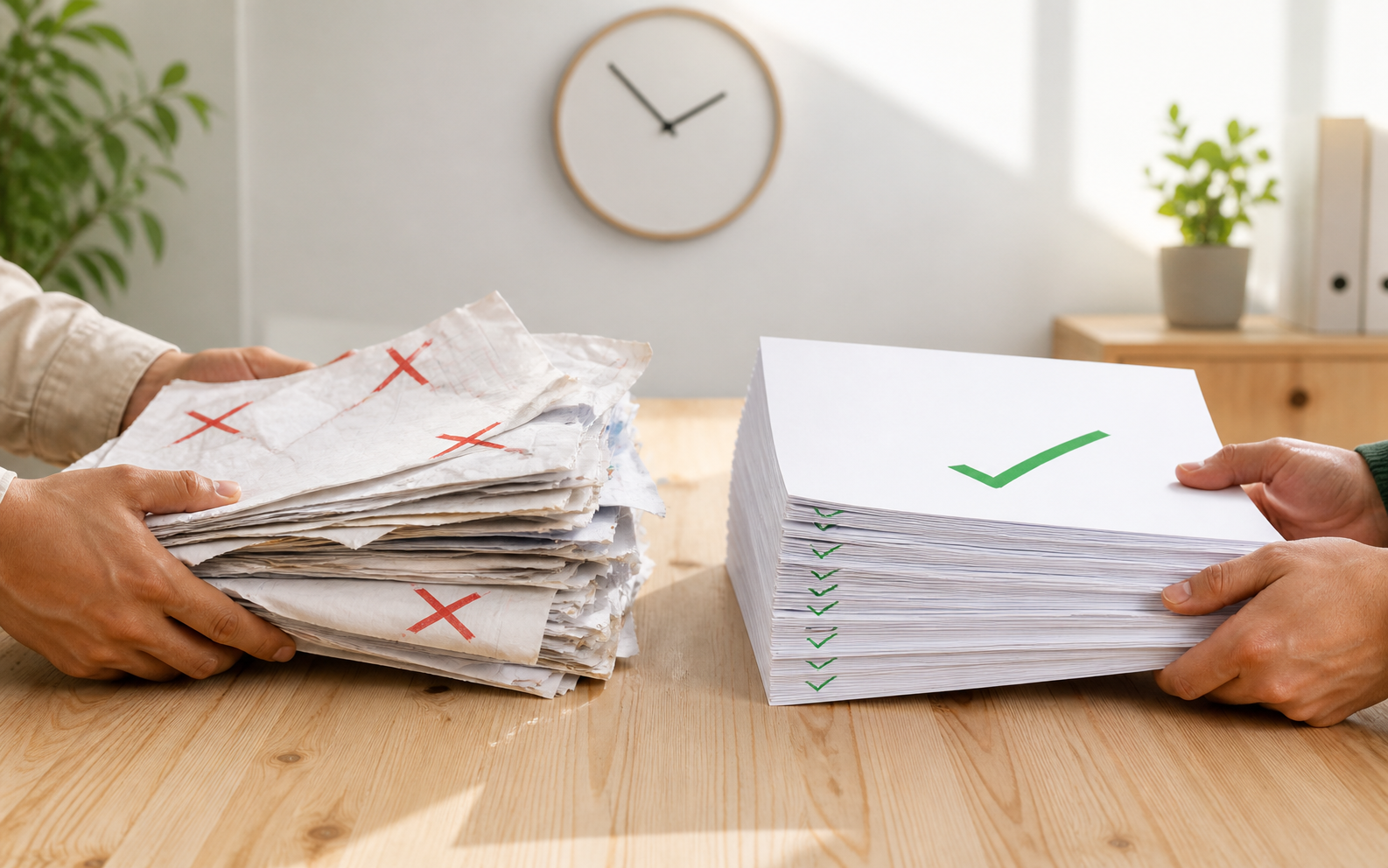 Two pairs of hands across a desk: a messy stack of red-X marked papers handed in on the left, a neat clean stack of green-checkmarked papers handed back on the right.
